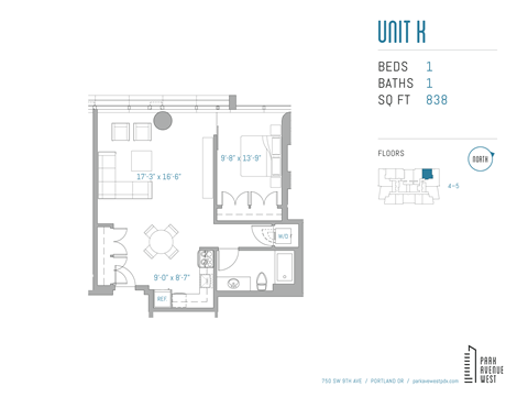 Floor plan for 1 bed, 1 bath, 838 sqft